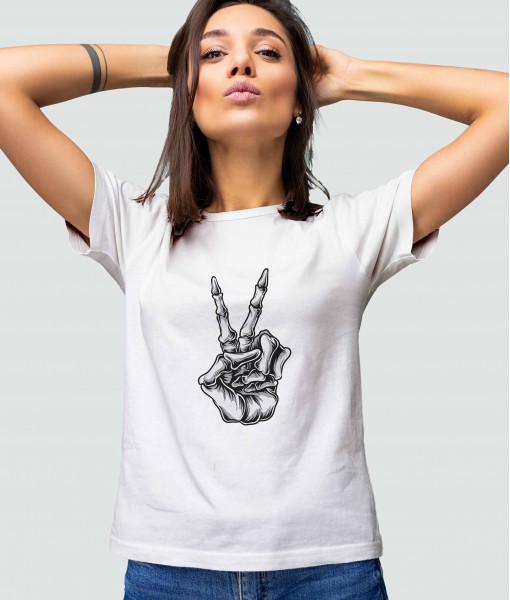 Дамска тениска с щампа Готика Victory Sign Skull Hand - TShirtArtShop.com